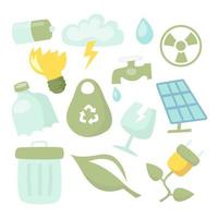 eco-friendly, risparmio energetico, ambiente rinnovabile simbolo adesivo clip art con auto verde, sacchetto di carta, lampadina e mulino. vettore