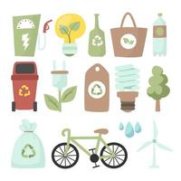 eco-friendly, risparmio energetico, ambiente rinnovabile simbolo adesivo clip art con auto verde, sacchetto di carta, lampadina e mulino. vettore