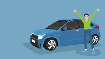 gli acquirenti di auto alzano le mani con gioia da entrambi i lati. le nuove auto sono alimentate da elettricità. su sfondo blu isolato. l'auto vista all'interno dell'auto. vettore