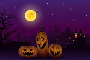 zucche nel cimitero nella notte spettrale - sfondo di halloween vettore