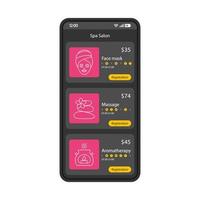 modello di vettore dell'interfaccia dello smartphone del salone di bellezza. layout di design nero della pagina dell'app mobile. schermata dei servizi di cura del viso, massaggi, aromaterapia. interfaccia utente piatta per l'applicazione. visualizzazione del telefono dell'elenco delle procedure del salone