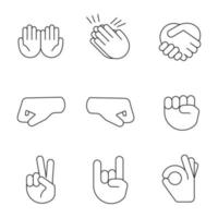 set di icone lineari emoji per gesti della mano. simboli di contorno di linee sottili. accattonaggio, applausi, stretta di mano, pugni sinistro e destro, pace, rock, ok gesti. illustrazioni di contorno vettoriale isolate. tratto modificabile