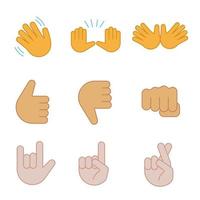 set di icone a colori emoji per gesti della mano. salutando, fermati, jazz, pollice su e giù, pugno, ti amo, fortuna, mentire gesticolando. mani aperte, dita incrociate. illustrazioni vettoriali isolate