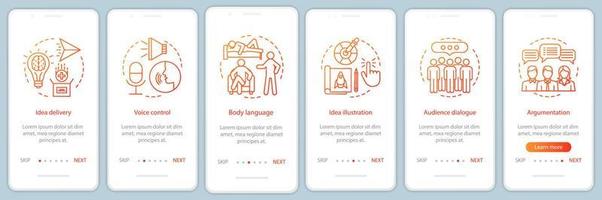 abilità di parlare in pubblico onboarding modello vettoriale dello schermo della pagina dell'app mobile. controllo vocale, linguaggio del corpo, dialogo con il pubblico. procedura dettagliata del sito Web. ux, ui, gui concetto di interfaccia per smartphone