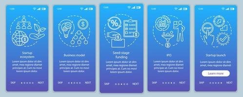 modello vettoriale dello schermo della pagina dell'app mobile per l'onboarding dell'investimento di avvio. finanziamento aziendale, budgeting. procedura dettagliata del sito Web con illustrazioni lineari. ux, ui, gui concetto di interfaccia per smartphone