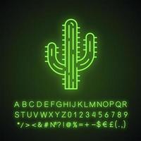 icona della luce al neon del cactus del saguaro. millefiori dello stato dell'arizona. cactus messicano della tequila pianta tropicale americana. segno luminoso con alfabeto, numeri e simboli. illustrazione vettoriale isolato