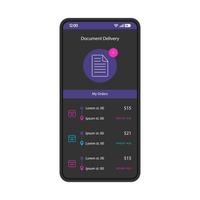 modello vettoriale dell'interfaccia dello smartphone per la consegna del corriere di documenti. layout di design nero della pagina dell'app mobile. schermata della cronologia dei miei ordini. interfaccia utente piatta per l'applicazione. risorse online, noleggio libri. display del telefono
