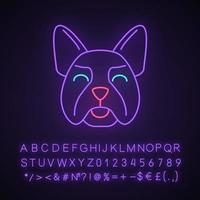 bulldog francese simpatico personaggio kawaii neon light. cane con muso sorridente. animale con occhi sorridenti, lingua. emoji divertenti, emoticon. icona luminosa, alfabeto, numero, simboli. illustrazione vettoriale isolato