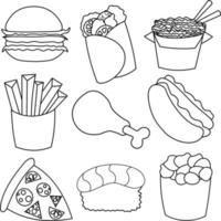 icone sul tema del fast food in bianco e nero vettore