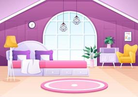 accogliente interno della camera da letto con mobili come letto, armadio, comodino, vaso, lampadario in stile moderno in fumetto illustrazione vettoriale