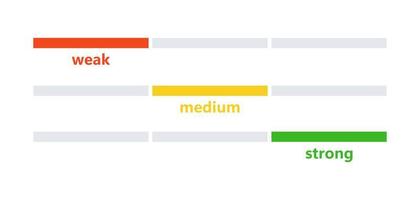 barra di sicurezza della password. barra di stato di caricamento. stati deboli, medi, forti. visualizzazione della complessità della password. set di linee di colore. illustrazione vettoriale isolato su sfondo bianco