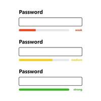 password interfaccia debole, media e forte. modello di modulo password per il sito Web. barra di sicurezza digitale. requisito di sicurezza. interfaccia del layout di progettazione dell'app. illustrazione vettoriale isolato su sfondo bianco