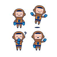 astronauta cosmonauta simpatico personaggio dei cartoni animati mascotte vettoriale con tuta spaziale arancione
