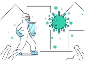 illustrazione vettoriale combattere il virus corona covid, il medico combatte i batteri del virus con lo scudo protegge e salva la città