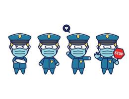 simpatico personaggio mascotte dell'ufficiale di polizia in stile chibi con protezione della maschera facciale dall'influenza pandemica della malattia del coronavirus covid vettore