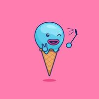 simpatico personaggio della mascotte del dessert del cono gelato che prende selfie con l'illustrazione dello smartphone nello stile del fumetto vettore