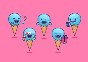 carino divertente cono gelato mascotte personaggio cartone animato in attività illustrazione vettoriale set