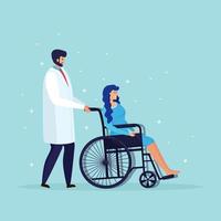 medico o infermiere con sedia a rotelle per pazienti anziani, portatori di handicap. assicurazione medica, supporto, visita in ospedale. disegno del fumetto vettoriale