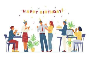 il team aziendale multirazziale celebra il compleanno del collega nell'illustrazione vettoriale piatta dell'ufficio. uomini e donne allegri si congratulano con il collega, applaudono, portano la torta di compleanno.