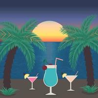 spiaggia al tramonto con mare, palme e bicchieri di cocktail. illustrazione vettoriale festa in spiaggia tropicale. concetto di vacanza e relax.