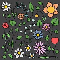 icone di fiori colorati su sfondo bianco. doodle illustrazione vettoriale con fiori su sfondo nero. motivo floreale vintage