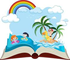 libro aperto con i bambini che si godono l'estate in spiaggia vettore
