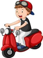 scooter di guida del ragazzo del fumetto su priorità bassa bianca vettore