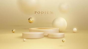 sfondo di lusso con podio di visualizzazione del prodotto ed elemento a sfera in oro 3d e decorazione effetto sfocato e luce glitterata. vettore