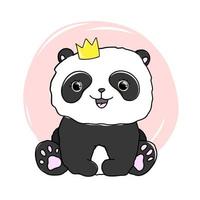 simpatica piccola principessa panda. cuccioli con illustrazione del bambino della corona. sfondo rosa doodle isolato. vettore