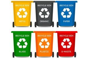 illustrazione vettoriale di contenitori per rifiuti di riciclaggio di diversi colori, illustrazione vettoriale di riciclaggio di segregazione dei tipi di rifiuti. organico, batterie, metallo plastica, carta, vetro, rifiuti elettronici, 2d, 3d.