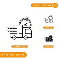 le icone di consegna veloce impostano l'illustrazione vettoriale con lo stile della linea dell'icona solido. concetto di spedizione dell'ordine espresso. icona del tratto modificabile su sfondo isolato per il web design, l'infografica e l'app mobile dell'interfaccia utente.