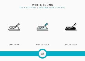 scrivi icone imposta illustrazione vettoriale con stile linea icona solida. concetto di storia di testo del giornalista. icona del tratto modificabile su sfondo isolato per il web design, l'interfaccia utente e l'applicazione mobile