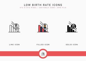 le icone del basso tasso di natalità impostano l'illustrazione vettoriale con lo stile della linea dell'icona solido. concetto di popolazione del tasso di natalità di perdita. icona del tratto modificabile su sfondo isolato per il web design, l'interfaccia utente e l'app mobile