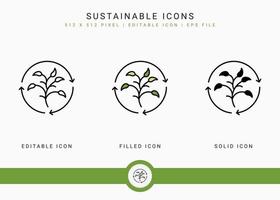 icone sostenibili impostano l'illustrazione vettoriale con uno stile di linea di icone solide. concetto di foglie di riciclo biologico. icona del tratto modificabile su sfondo isolato per il web design, l'interfaccia utente e l'app mobile