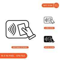 le icone NFC impostano l'illustrazione vettoriale con lo stile della linea dell'icona solido. concetto di pagamento wireless. icona del tratto modificabile su sfondo isolato per il web design, l'infografica e l'app mobile dell'interfaccia utente.
