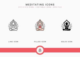 le icone di meditazione impostano l'illustrazione vettoriale con lo stile della linea di icone solide. concetto di corpo yoga. icona del tratto modificabile su sfondo isolato per il web design, l'interfaccia utente e l'app mobile