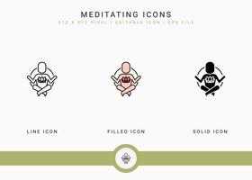 le icone di meditazione impostano l'illustrazione vettoriale con lo stile della linea di icone solide. concetto di corpo yoga. icona del tratto modificabile su sfondo isolato per il web design, l'interfaccia utente e l'app mobile