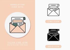 le icone della newsletter impostano l'illustrazione vettoriale con lo stile della linea dell'icona solido. messaggio e concetto di posta. icona del tratto modificabile su sfondo isolato per il web design, l'infografica e l'app mobile dell'interfaccia utente.