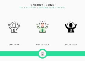 le icone dell'energia impostano l'illustrazione vettoriale con lo stile della linea dell'icona solido. concetto di meditazione mentale. icona del tratto modificabile su sfondo isolato per il web design, l'interfaccia utente e l'app mobile