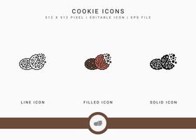 le icone dei cookie impostano l'illustrazione vettoriale con lo stile della linea dell'icona solido. concetto di morso di biscotto. icona del tratto modificabile su sfondo isolato per il web design, l'interfaccia utente e l'app mobile