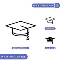 le icone del cappuccio dell'istruzione impostano l'illustrazione vettoriale con lo stile della linea dell'icona solido. concetto di tappo di laurea accademica. icona del tratto modificabile su sfondo isolato per il web design, l'infografica e l'app mobile dell'interfaccia utente.