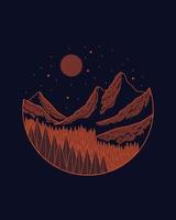 linea mono paesaggio montagne e pini vettore per patch, pin, grafica, design di t-shirt d'arte