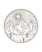 illustrazione del paesaggio di tre montagne e alberi di pino in una giornata luminosa - arte al tratto mono, illustrazione vettoriale astratta, arte t-shirt, vettore di design