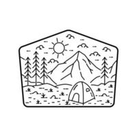 campeggio in una pineta con illustrazioni in un pomeriggio nuvoloso in mono line art, badge vector, pin, t-shirt art, vector illustration