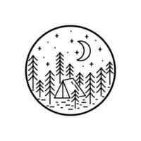 tenda da campeggio e pini nella mezzaluna notte illustrazione in mono line art, badge vector illustration, t-shirt art, design vector