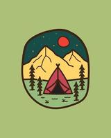 campeggio all'aperto con vista sulle montagne in design mono line art, design patch badge, design t-shirt vettore