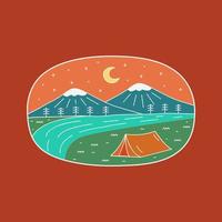 design della natura campo mare e montagna di notte per badge patch emblema grafica vettoriale t-shirt design