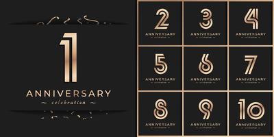 set di design in stile logotipo di celebrazione dell'anniversario. il saluto di buon anniversario celebra l'evento con linea multipla dorata e coriandoli isolati su sfondo scuro illustrazione di design vettore