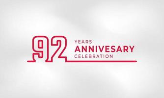 Celebrazione dell'anniversario di 92 anni logotipo collegato numero di contorno colore rosso per evento di celebrazione, matrimonio, biglietto di auguri e invito isolato su sfondo bianco trama vettore
