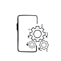 simbolo dell'illustrazione dell'icona del telefono cellulare e degli ingranaggi di doodle disegnato a mano per la configurazione dell'applicazione vettore